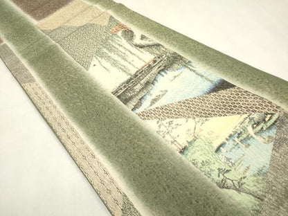 平和屋着物▼太鼓柄袋帯　名所江戸百景　八つ見のはし　金糸　正絹　逸品　DABK5008ea
