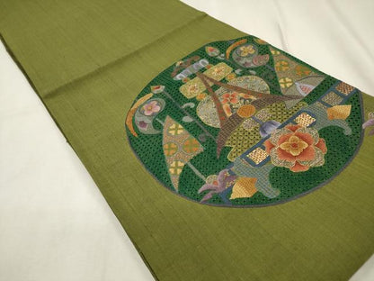 平和屋着物▼中国三大刺繍　スワトウ刺繍　汕頭刺繍　総刺繍　太鼓柄袋帯　紬地　飾花丸文　金糸　正絹　逸品　DABK5020ea