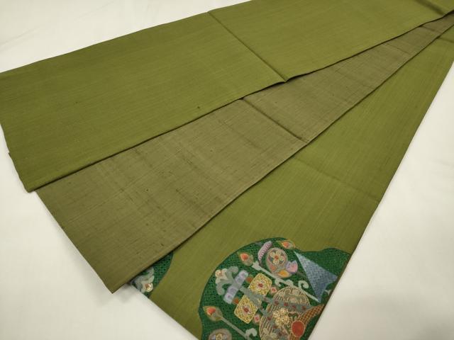 平和屋着物▼中国三大刺繍　スワトウ刺繍　汕頭刺繍　総刺繍　太鼓柄袋帯　紬地　飾花丸文　金糸　正絹　逸品　DABK5020ea