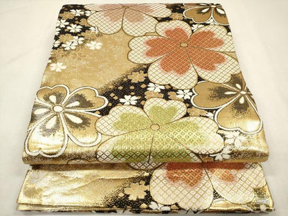 平和屋着物▼佐賀錦　六通柄袋帯　かのこ　舞桜文　金糸　正絹　逸品　DABK5032ea