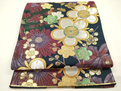 平和屋着物▼六通柄袋帯　枝梅舞花文　金銀糸　正絹　逸品　DABK5034ea