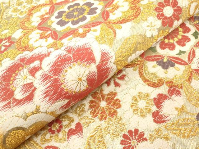 平和屋着物▼両面　六通柄袋帯　唐織　流水舞花文　金糸　正絹　逸品　DABK5044ea
