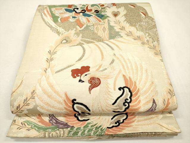 平和屋着物▼アンティーク　大正ロマン　丸帯　朱雀　檜扇花文　金銀糸　引き抜き帯　正絹　逸品　DABK5053ea