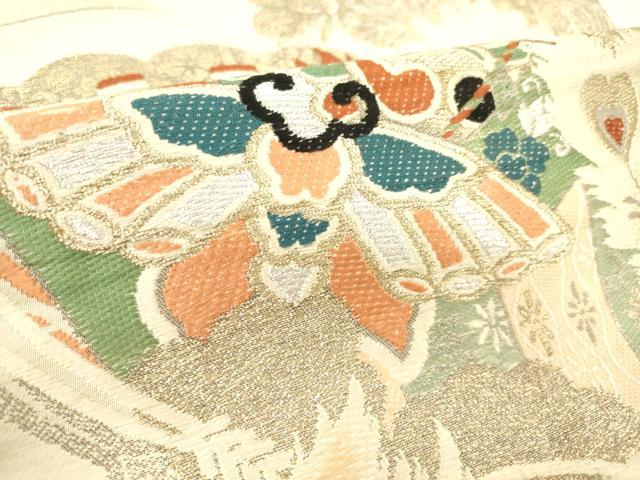 平和屋着物▼アンティーク　大正ロマン　丸帯　朱雀　檜扇花文　金銀糸　引き抜き帯　正絹　逸品　DABK5053ea