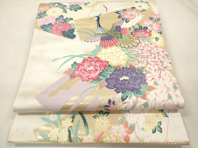 平和屋本店▼西陣　森本織物謹製　六通柄袋帯　唐織　加賀好み　色紙重ね孔雀花文　純金箔　証紙付き　逸品　未使用　DABK5078ea
