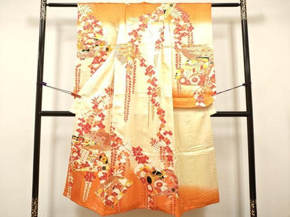 平和屋着物∵女の子　十三参り　子供　祝着　駒刺繍　檜扇藤花文　暈し染め　金彩　逸品　DABK5142ea