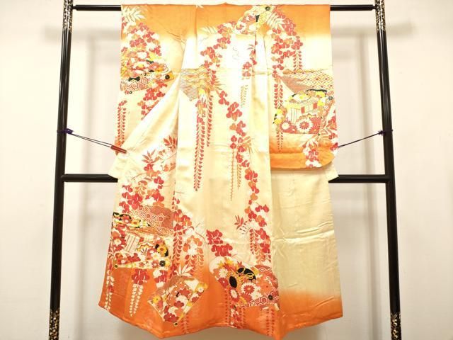 平和屋着物∵女の子　十三参り　子供　祝着　駒刺繍　檜扇藤花文　暈し染め　金彩　逸品　DABK5142ea