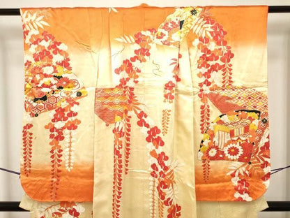 平和屋着物∵女の子　十三参り　子供　祝着　駒刺繍　檜扇藤花文　暈し染め　金彩　逸品　DABK5142ea
