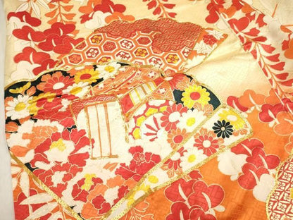 平和屋着物∵女の子　十三参り　子供　祝着　駒刺繍　檜扇藤花文　暈し染め　金彩　逸品　DABK5142ea