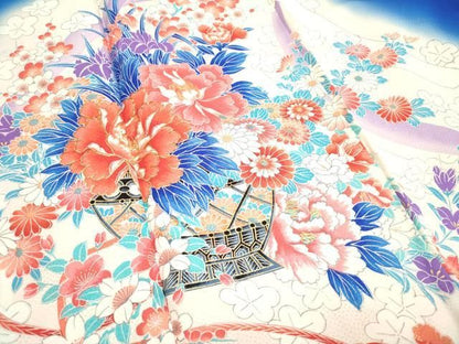 平和屋着物[]七五三　女の子　７歳　祝着　四つ身　駒刺繍　熨斗飾花文　暈し染め　金彩　逸品　DABK5144ea
