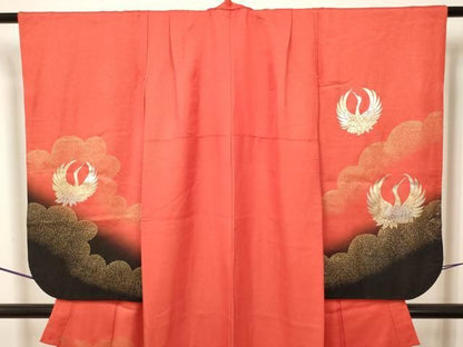 平和屋着物∵女の子　十三参り　子供　祝着　雲重ね飛鶴文　暈し染め　金銀糸　金通し地　逸品　DABK5153ea
