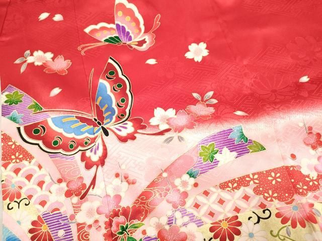 平和屋着物[]七五三　女の子　３歳　祝着　三つ身　松竹梅　花蝶文　暈し染め　逸品　DABK5162ea