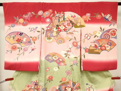 平和屋着物[]お宮参り　女の子　祝着　産着　初着　のしめ　地紙飛鶴花文　暈し染め　金銀彩　逸品　DABK5166ea