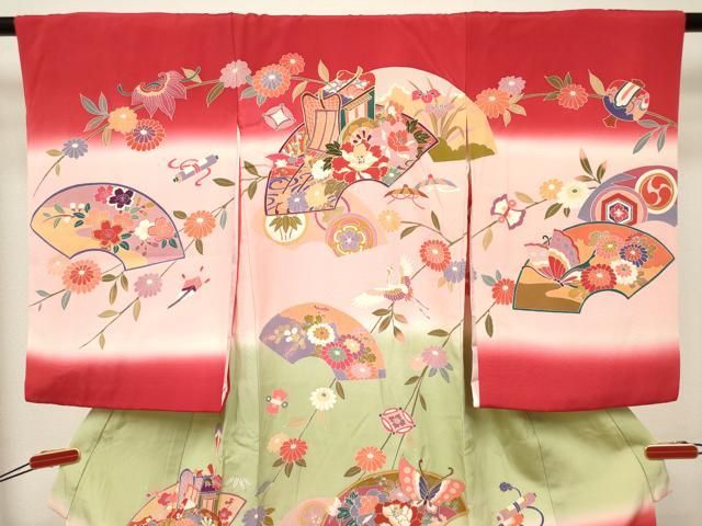 平和屋着物[]お宮参り　女の子　祝着　産着　初着　のしめ　地紙飛鶴花文　暈し染め　金銀彩　逸品　DABK5166ea