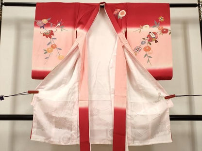 平和屋着物[]お宮参り　女の子　祝着　産着　初着　のしめ　地紙飛鶴花文　暈し染め　金銀彩　逸品　DABK5166ea
