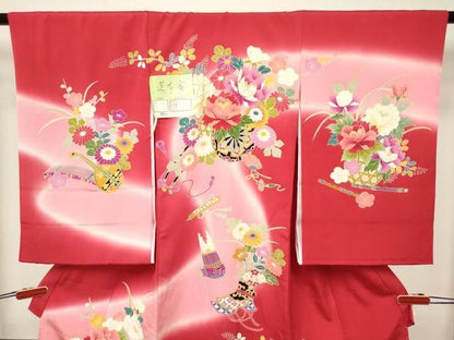 平和屋着物[]お宮参り　女の子　祝着　産着　初着　のしめ　楽器花車文　暈し染め　金彩　逸品　未使用　DABK5170ea