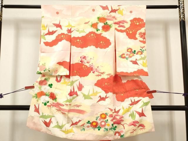平和屋着物[]アンティーク　大正ロマン　お宮参り　女の子　祝着　産着　初着　のしめ　刺繍　雲重ね折り鶴花文　金彩　逸品　DABK5175ea