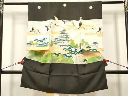 平和屋着物[]お宮参り　男の子　祝着　産着　初着　のしめ　駒刺繍　手描き　飛鶴風景松文　城　金彩　三越扱い　逸品　DABK5180ea