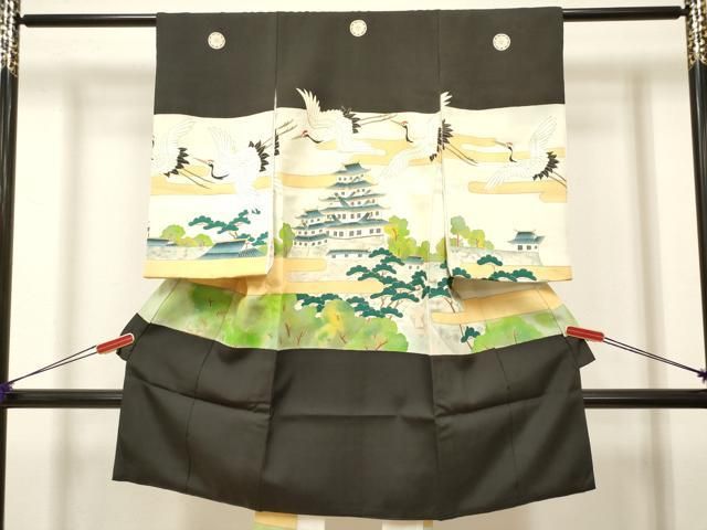 平和屋着物[]お宮参り　男の子　祝着　産着　初着　のしめ　駒刺繍　手描き　飛鶴風景松文　城　金彩　三越扱い　逸品　DABK5180ea