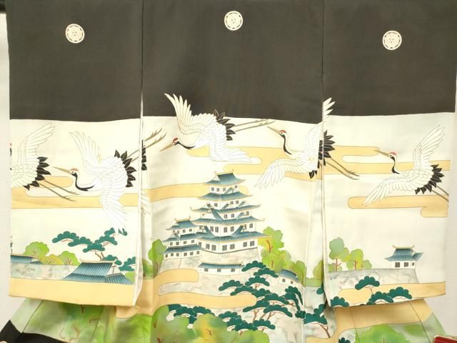 平和屋着物[]お宮参り　男の子　祝着　産着　初着　のしめ　駒刺繍　手描き　飛鶴風景松文　城　金彩　三越扱い　逸品　DABK5180ea