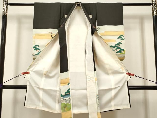 平和屋着物[]お宮参り　男の子　祝着　産着　初着　のしめ　駒刺繍　手描き　飛鶴風景松文　城　金彩　三越扱い　逸品　DABK5180ea