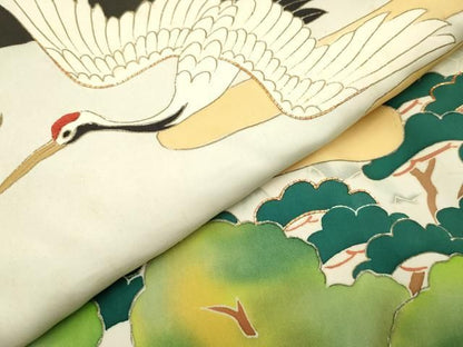 平和屋着物[]お宮参り　男の子　祝着　産着　初着　のしめ　駒刺繍　手描き　飛鶴風景松文　城　金彩　三越扱い　逸品　DABK5180ea