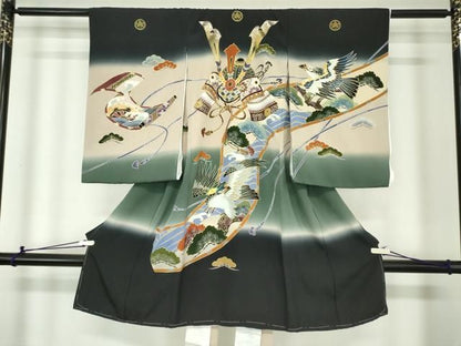 平和屋着物[]お宮参り　男の子　祝着　産着　初着　のしめ　鷹　鷲　兜　絵巻笠松文　暈し染め　金銀彩　逸品　DABK5181ea