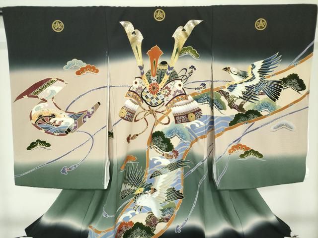 平和屋着物[]お宮参り　男の子　祝着　産着　初着　のしめ　鷹　鷲　兜　絵巻笠松文　暈し染め　金銀彩　逸品　DABK5181ea
