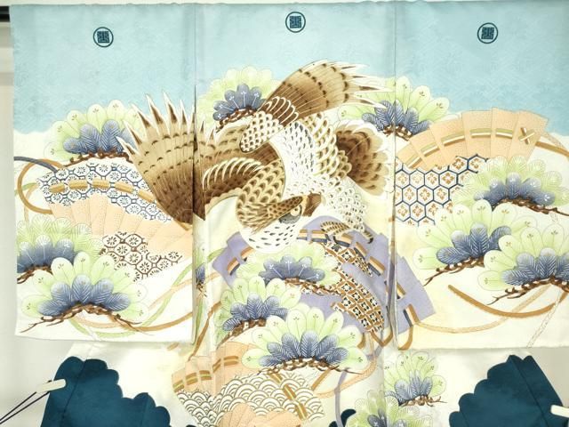 平和屋着物[]お宮参り　男の子　祝着　産着　初着　のしめ　駒刺繍　鷹　鷲　檜扇笠松文　金彩　逸品　DABK5182ea