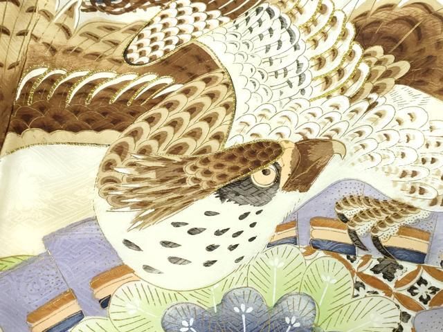 平和屋着物[]お宮参り　男の子　祝着　産着　初着　のしめ　駒刺繍　鷹　鷲　檜扇笠松文　金彩　逸品　DABK5182ea