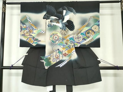平和屋着物[]お宮参り　男の子　祝着　産着　初着　のしめ　鷹　鷲　鏡裏絵巻松文　暈し染め　金彩　逸品　DABK5183ea
