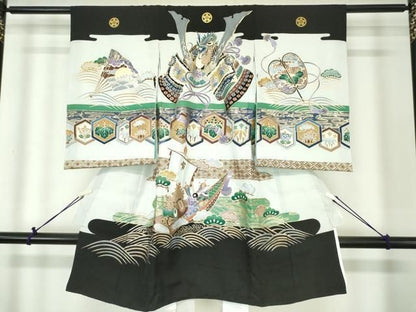 平和屋着物[]お宮参り　男の子　祝着　産着　初着　のしめ　龍　兜　宝船　扇面吉祥松文　金彩　逸品　DABK5185ea