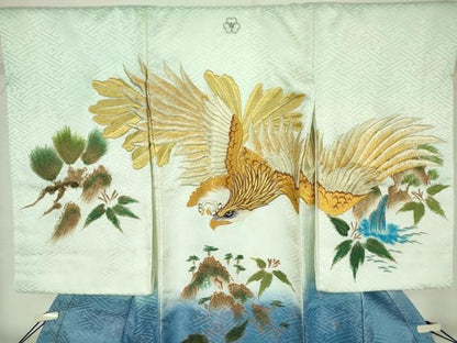 平和屋着物[]お宮参り　男の子　祝着　産着　初着　のしめ　刺繍　鷹　鷲　風景松文　暈し染め　金糸　洗える着物　DABK5190ea