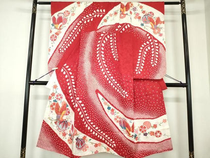 平和屋着物[]七五三　女の子　７歳　祝着　四つ身　絞り　飛鶴花鞠文　金彩　逸品　DABK5200ea