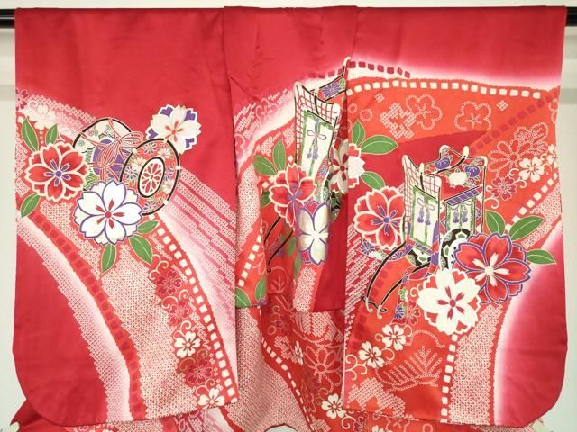 平和屋着物[]七五三　女の子　３歳　祝着　三つ身　御所車鹿の子花文　暈し染め　金銀彩　逸品　DABK5202ea