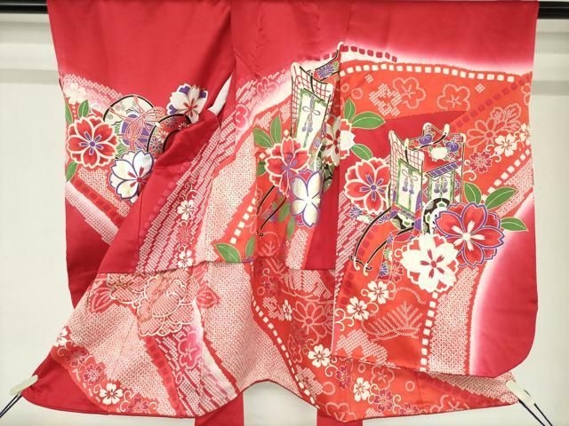 平和屋着物[]七五三　女の子　３歳　祝着　三つ身　御所車鹿の子花文　暈し染め　金銀彩　逸品　DABK5202ea