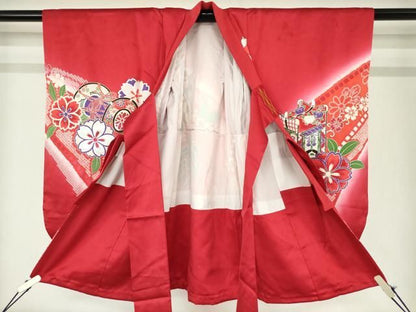 平和屋着物[]七五三　女の子　３歳　祝着　三つ身　御所車鹿の子花文　暈し染め　金銀彩　逸品　DABK5202ea