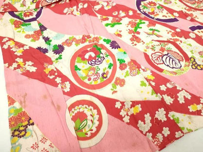 平和屋着物[]アンティーク　大正ロマン　七五三　女の子　３歳　祝着　三つ身　よろけ縞花丸文　DABK5205ea