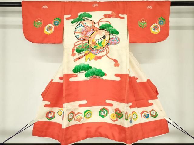 平和屋着物[]七五三　女の子　３歳　祝着　三つ身　鼓松文　金彩　逸品　DABK5206ea