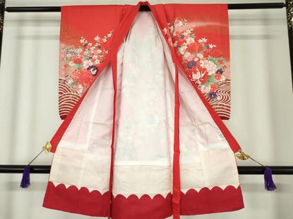 平和屋着物[]お宮参り　女の子　祝着　産着　初着　のしめ　御所車花文　金彩　逸品　DABK5209ea