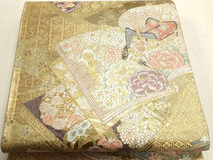 平和屋本店▼六通柄袋帯　書物取小花文　本金箔　正絹　逸品　DABK5523sf