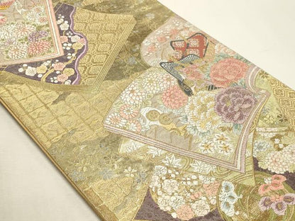 平和屋本店▼六通柄袋帯　書物取小花文　本金箔　正絹　逸品　DABK5523sf