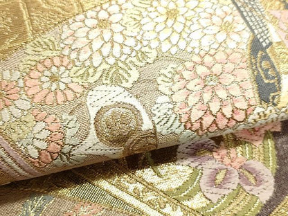 平和屋本店▼六通柄袋帯　書物取小花文　本金箔　正絹　逸品　DABK5523sf