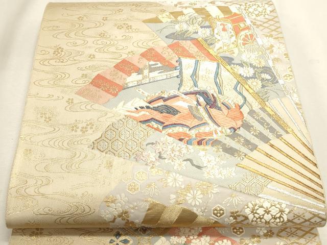 平和屋本店▼六通柄袋帯　唐織　人物御所車花文　本金箔24Ｋ　正絹　逸品　DABK5529sf