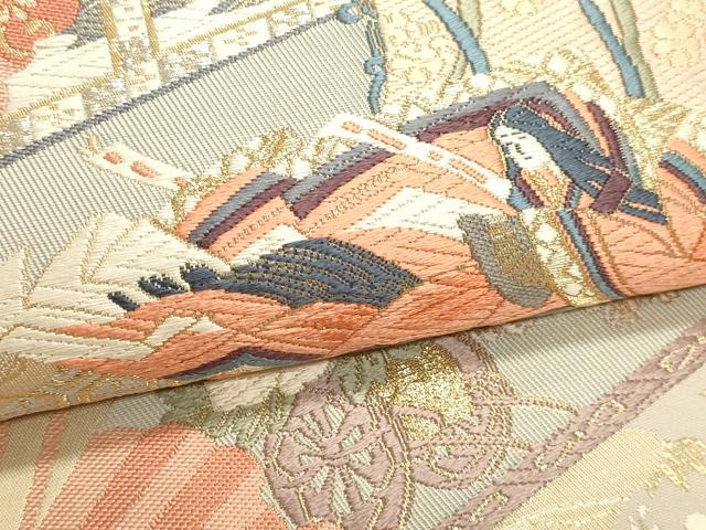 平和屋本店▼六通柄袋帯　唐織　人物御所車花文　本金箔24Ｋ　正絹　逸品　DABK5529sf