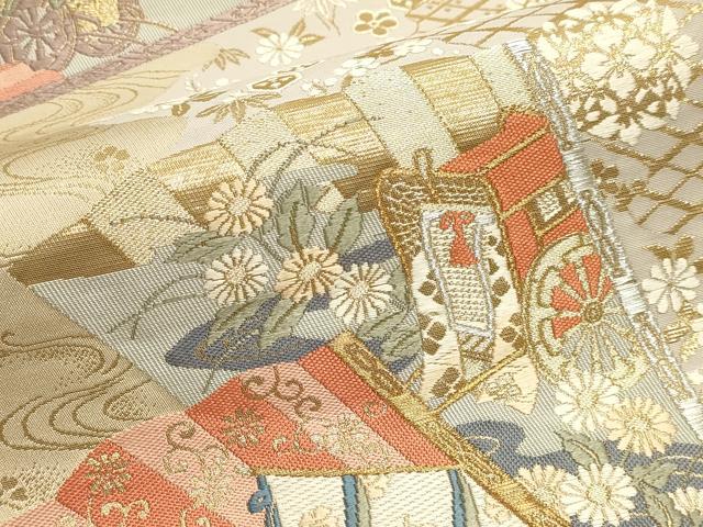 平和屋本店▼六通柄袋帯　唐織　人物御所車花文　本金箔24Ｋ　正絹　逸品　DABK5529sf