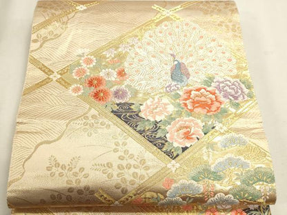 平和屋本店▼六通柄袋帯　唐織　孔雀花文　本金箔　正絹　逸品　DABK5533sf