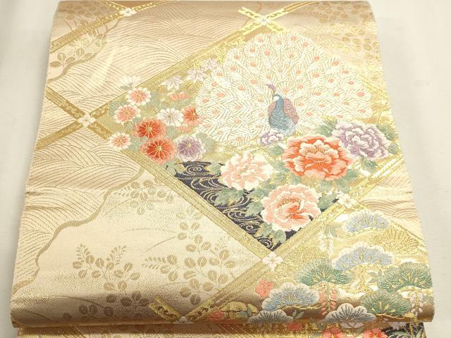 平和屋本店▼六通柄袋帯　唐織　孔雀花文　本金箔　正絹　逸品　DABK5533sf