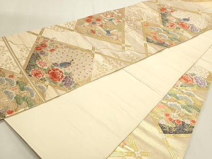 平和屋本店▼六通柄袋帯　唐織　孔雀花文　本金箔　正絹　逸品　DABK5533sf