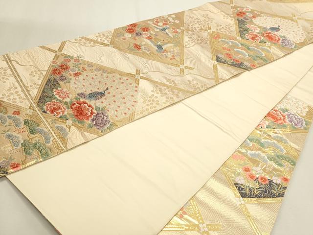 平和屋本店▼六通柄袋帯　唐織　孔雀花文　本金箔　正絹　逸品　DABK5533sf